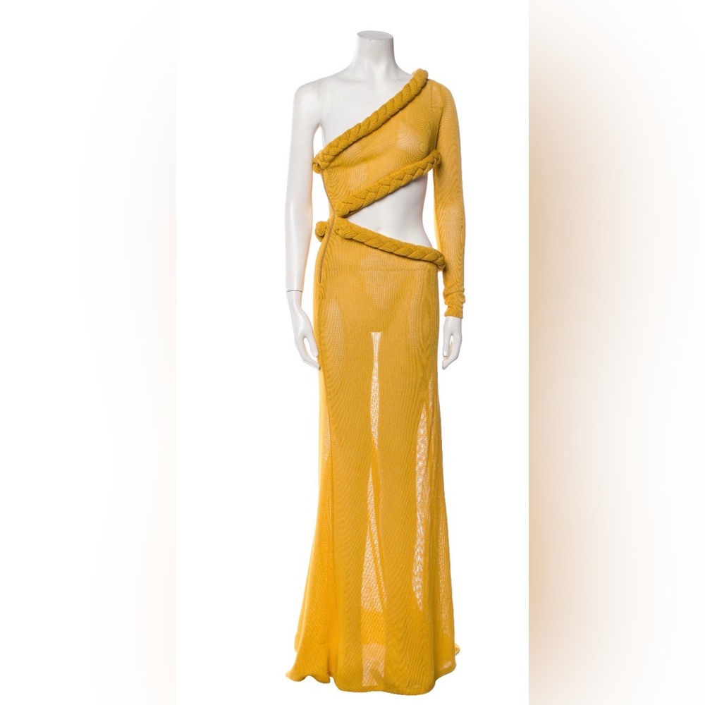 Bronx and Banco Mustard Yellow One-Shoulder Cutout Knit Gown